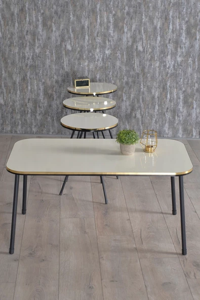 Gold Falez Zigon Sehpa Ve Orta Sehpa Kr Set Siyah Metal Ayak Çift Altın Krem - Resim 4