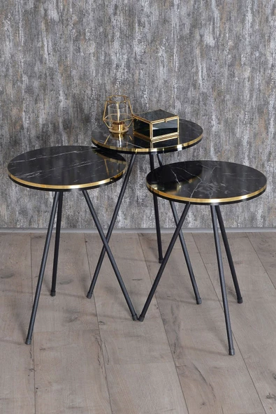 Gold Falez Zigon Sehpa Ve Orta Sehpa Kr Set Siyah Metal Ayak Çift Altın Bendir - Resim 3