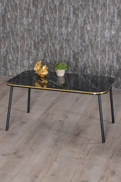 Gold Falez Zigon Sehpa Ve Orta Sehpa Kr Set Siyah Metal Ayak Çift Altın Bendir - Resim 2