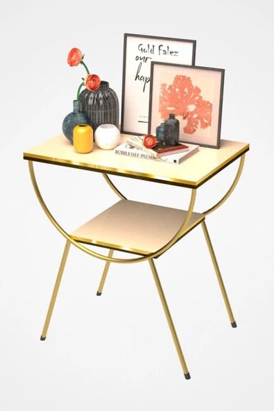 Gold Falez Yan Sehpa Komodin Metal Ayak Çift Gold Krem 1978 - Resim 5