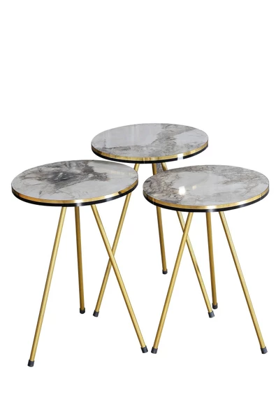 Gold Falez Orta Sehpa Elips Çift Gold Beyaz Tel Ayak - Resim 3