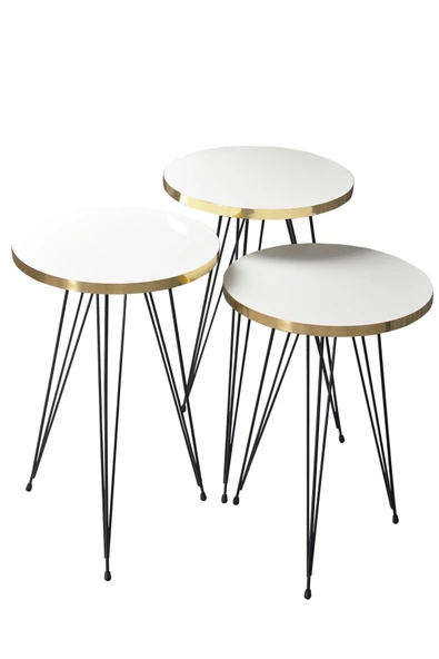 Gold Falez Zigon Sehpa Ve Orta Sehpa Kr Set Siyah Tel Ayak Altın Beyaz - Resim 5