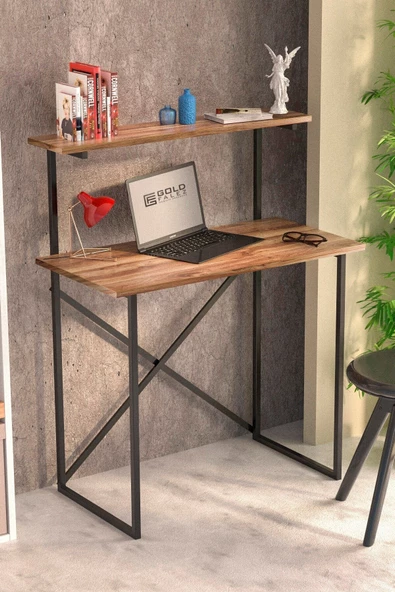 Gold Falez Çalışma Masası Raf Kitaplık Çok Amaçlı Ofis Masa Ceviz