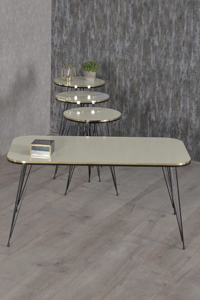 Gold Falez Zigon Sehpa Ve Orta Sehpa Kr Set Siyah Tel Ayak Çift Altın Krem - 2