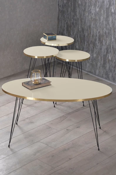 Gold Falez Zigon Sehpa Ve Orta Sehpa Elips Set Siyah Tel Ayak Altın Krem ürün görseli 1