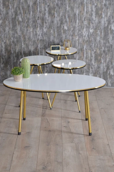 Gold Falez Zigon Sehpa ve Orta Sehpa Elips Set Çift Gold Beyaz Metal ürün görseli 1