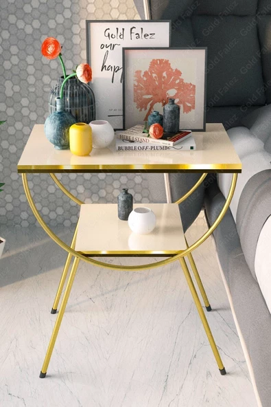 Gold Falez Yan Sehpa Komodin Metal Ayak Çift Gold Krem 1978 - Resim 2