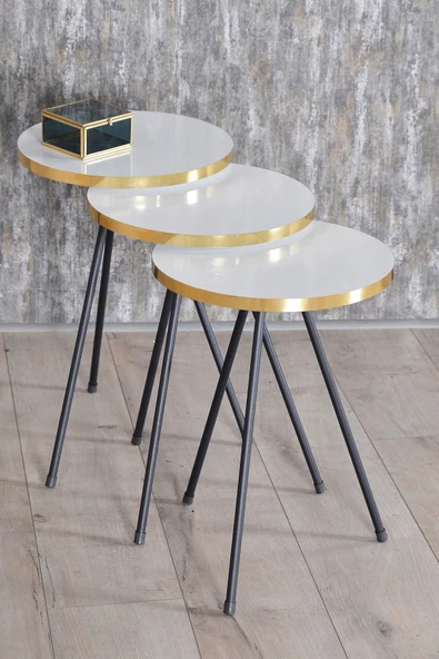 Aldın Aldın Zigon Sehpa 3 Lü Siyah Metal Ayak Altın Beyaz ürün görseli 1