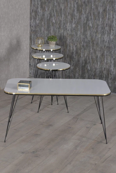 Gold Falez Zigon Sehpa Ve Orta Sehpa Kr Set Siyah Tel Ayak Çift Altın Beyaz - Resim 3