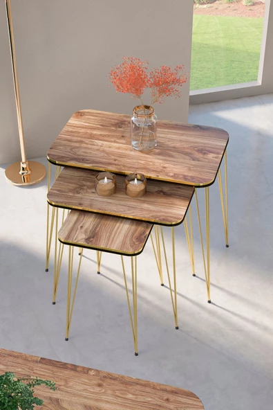 Gold Falez Zigon Sehpa Kr Ve Orta Sehpa Kr Set Çift Gold Ceviz Tel 1110 - Resim 2