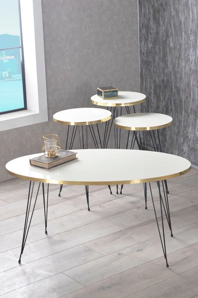 Gold Falez Zigon Sehpa Ve Orta Sehpa Elips Set Siyah Tel Ayak Altın Beyaz ürün görseli 1