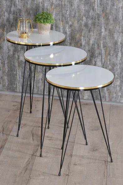 Gold Falez Zigon Sehpa Ve Orta Sehpa Kr Set Siyah Tel Ayak Çift Altın Beyaz - Resim 2