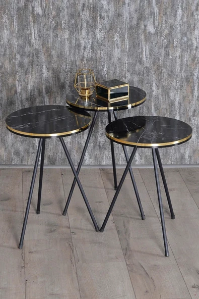 Gold Falez Zigon Sehpa Siyah Metal Ayak Çift Altın Bendir 1081 - Resim 2