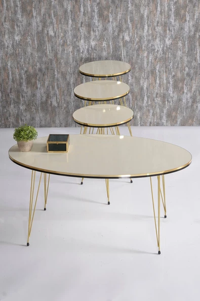 Gold Falez Zigon Sehpa Ve Orta Sehpa Elips Set Çift Gold Krem Tel Ayak - Resim 4