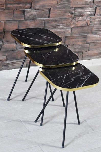 Gold Falez Zigon Sehpa Altın Siyah Ayak SİYAH MERMER DESEN - Resim 3