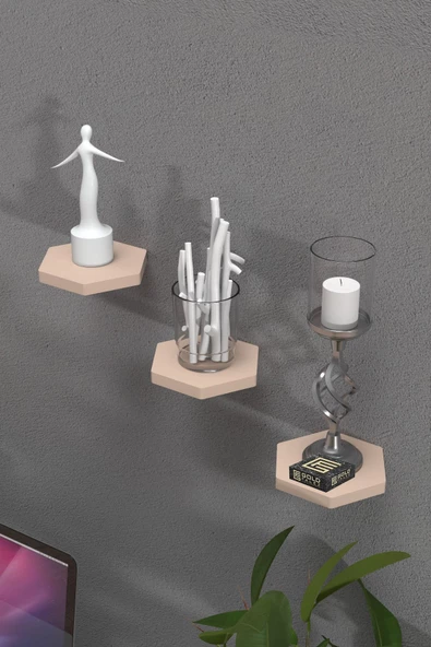 ilkal Duvar Rafı Dekoratif 3 Adet Çiçeklik Altıgen Krem