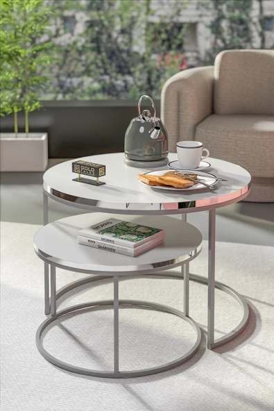 Gold Falez Orta Sehpa Ikili Lüx Specıal Gümüş Beyaz - Resim 2