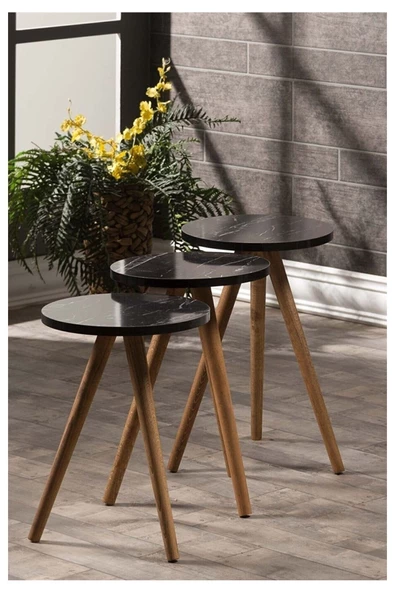 Gold Falez Zigon Sehpa 3'lü Ahşap Torna Ayak Bendir -1014