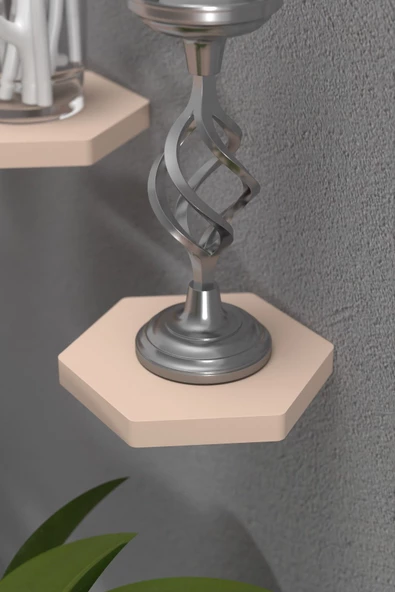 ilkal Duvar Rafı Dekoratif 3 Adet Çiçeklik Altıgen Krem - 4