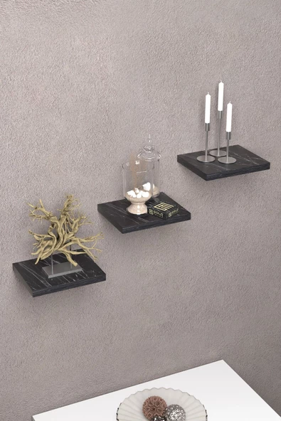 ilkal Duvar Rafı Dekoratif 3 Adet Çiçeklik Kare Siyah Mermer Desen - 3