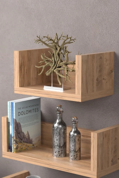 Gold Falez Duvar Rafı Dekoratif U Raf Ceviz - 4