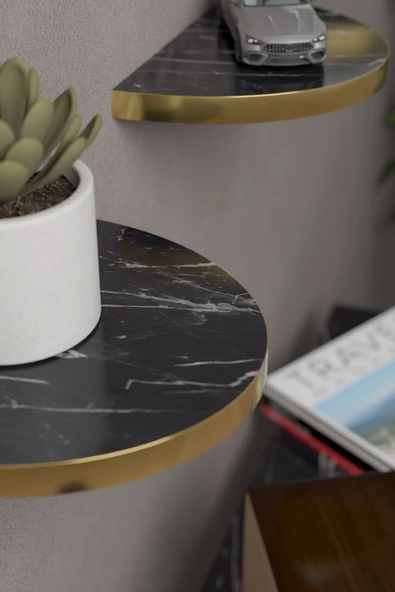 ilkal Duvar Rafı Dekoratif 3 Adet Çiçeklik Oval Altın Bendir - 4