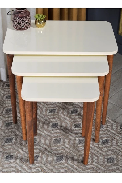 Gold Falez Zigon Sehpa Ahşap KR Torna Ayak Krem - 3