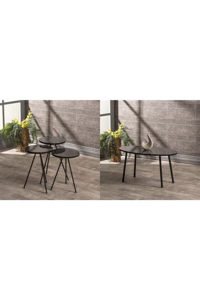 Aldın Aldın Zigon Sehpa Ve  Orta Sehpa Set  Metal  Elips Siyah Mermer Desen - 2