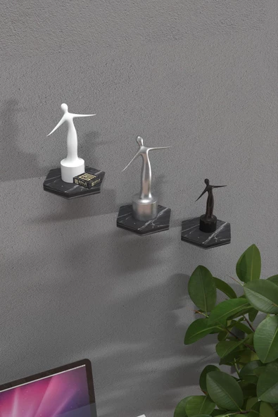 ilkal Duvar Rafı Dekoratif 3 Adet Çiçeklik Altıgen Siyah Mermer Desen