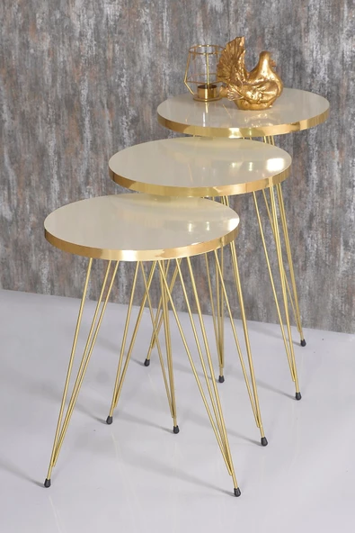 Gold Falez Zigon Sehpa Ve Orta Sehpa Elips Set Gold Krem Tel - 3