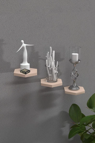 ilkal Duvar Rafı Dekoratif 3 Adet Çiçeklik Altıgen Krem - 2