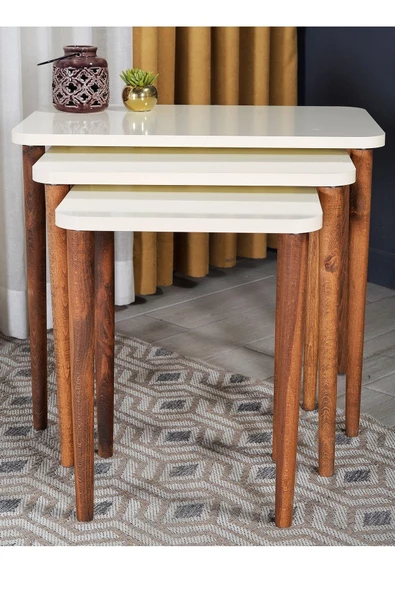 Gold Falez Zigon Sehpa Ahşap KR Torna Ayak Krem - 2