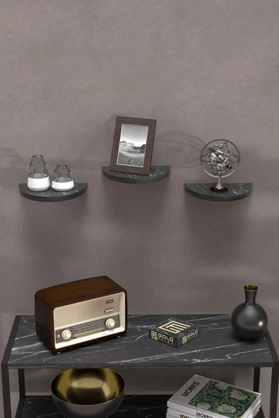 ilkal Duvar Rafı Dekoratif 3 Adet Çiçeklik Oval Siyah Mermer Desen