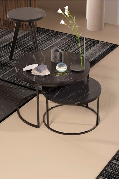 Gold Falez Orta Sehpa Ikili Lüx Specıal Siyah Mermer Desen 9044