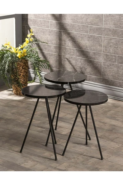 Aldın Aldın Zigon Sehpa Ve  Orta Sehpa Set  Metal  Elips Siyah Mermer Desen - 3