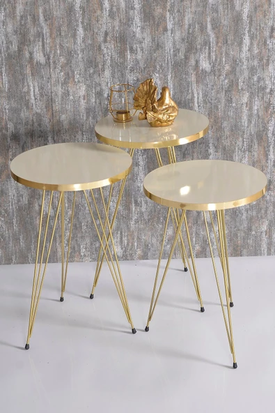 Gold Falez Zigon Sehpa Ve Orta Sehpa Elips Set Gold Krem Tel - 5