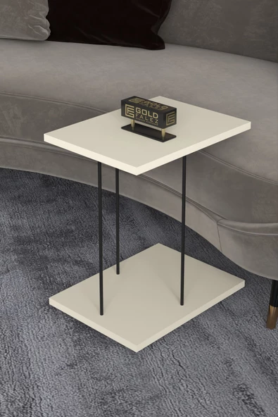 Gold Falez Yan Sehpa Tekerlekli Servis Sehpası HND Dikdörtgen Krem - Resim 2