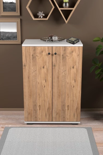 Gold Falez Ayakkabılık Çok Amaçlı Ayakkabı Dolabı 5 Raflı 2 Kapaklı Çam-beyaz