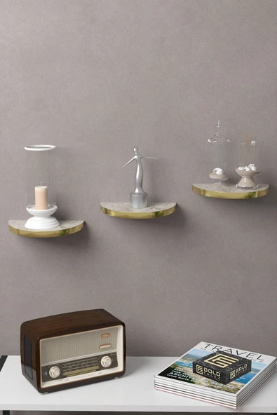 ilkal Duvar Rafı Dekoratif 3 Adet Çiçeklik Oval Altın Efes