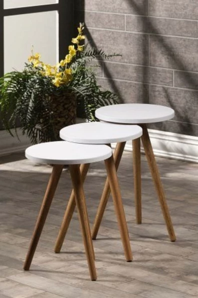 Aldın Aldın Zigon Sehpa 3 Lü Ahşap Orjinal Torna Ayak Beyaz ürün görseli 1