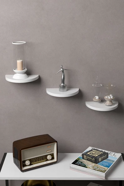 ilkal Duvar Rafı Dekoratif 3 Adet Çiçeklik Oval Beyaz