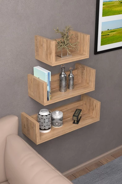 Gold Falez Duvar Rafı Dekoratif U Raf Ceviz - 3