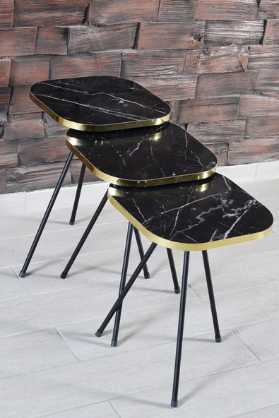 Aldın Aldın Zigon Sehpa Ve Orta Sehpa Kombin Set Siyah Ayak Altın Bendir 3201 - Resim 7