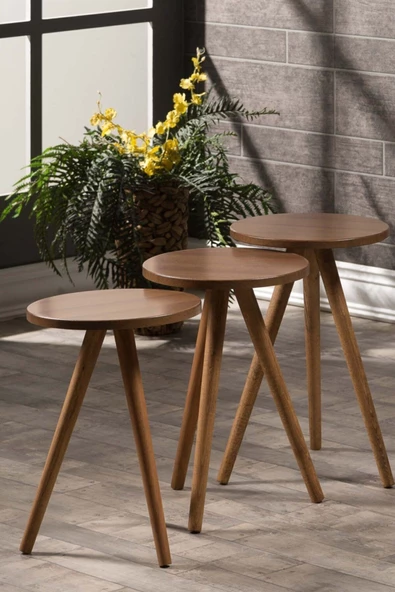 Gold Falez Zigon Sehpa 3 Lü Ceviz Ahşap Torna Ayak - 2