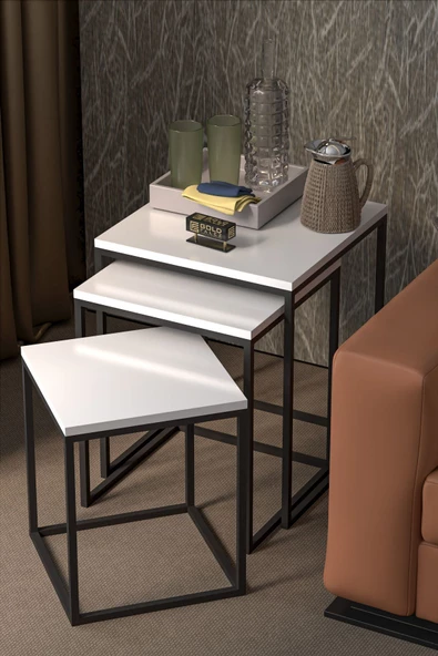 Gold Falez ZİGON SEHPA 3'LÜ KÜP BEYAZ - Resim 3