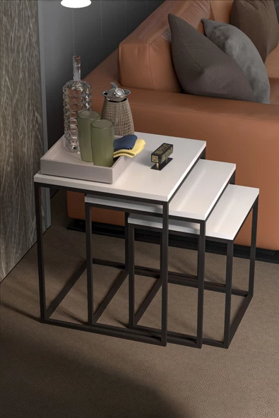 Gold Falez ZİGON SEHPA 3'LÜ KÜP BEYAZ - Resim 4