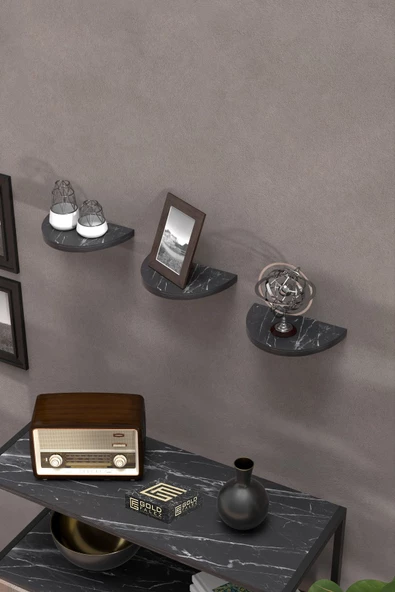 ilkal Duvar Rafı Dekoratif 3 Adet Çiçeklik Oval Siyah Mermer Desen - 2