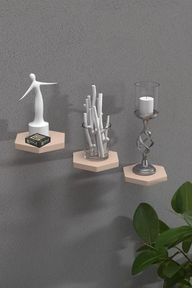 ilkal Duvar Rafı Dekoratif 3 Adet Çiçeklik Altıgen Krem - 3