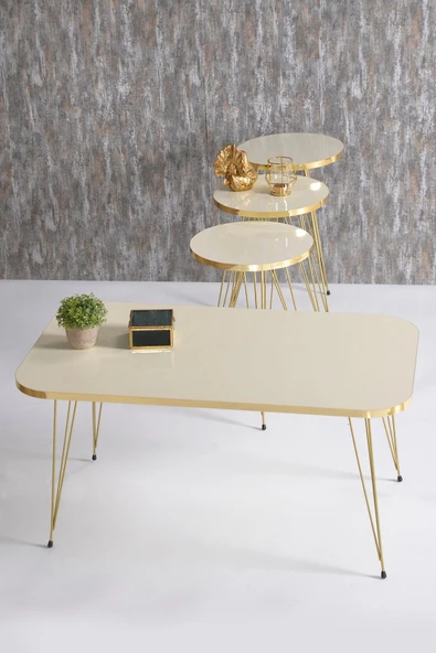 Gold Falez Zigon Sehpa Ve Orta Sehpa Kr Set Gold Krem Tel