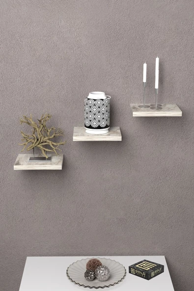 ilkal Duvar Rafı Dekoratif 3 Adet Çiçeklik Kare Efes